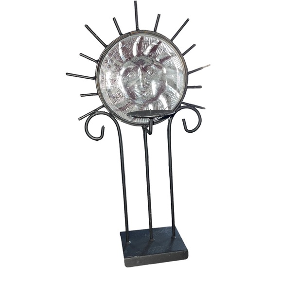Vintage 1990s Y2K Glass Celestial Sun Face Wrought Iron Candle Holder - Picture 6 of 8